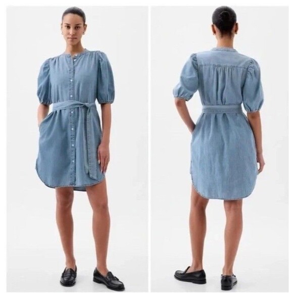 GAP Dresses & Skirts - NWT $79 GAP Puff-Sleeve Denim Shirt Dress in Light Wash Blue Women’s XXL Tall
